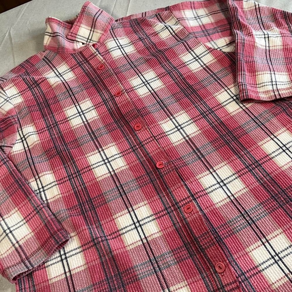 VTG 90s Womens Pink White Plaid Cotton Long Sleeve Button Down Flannel (Large)